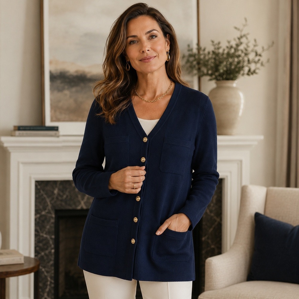 St John Basics Navy Blue Santana Knit Cardigan Gold Crest Buttons Size 10